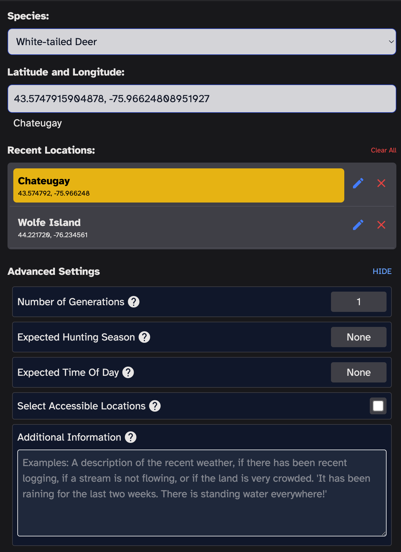 GameSearch-AI gives you a bunch of settings to narrow in on your game species. Including the species itself, the location you want to hunt, the time you're hunting, the season and any additional info you want to provide.
