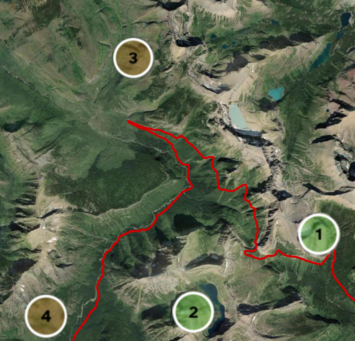 Satellite map showing the hunting hotspots in Glacier National Park